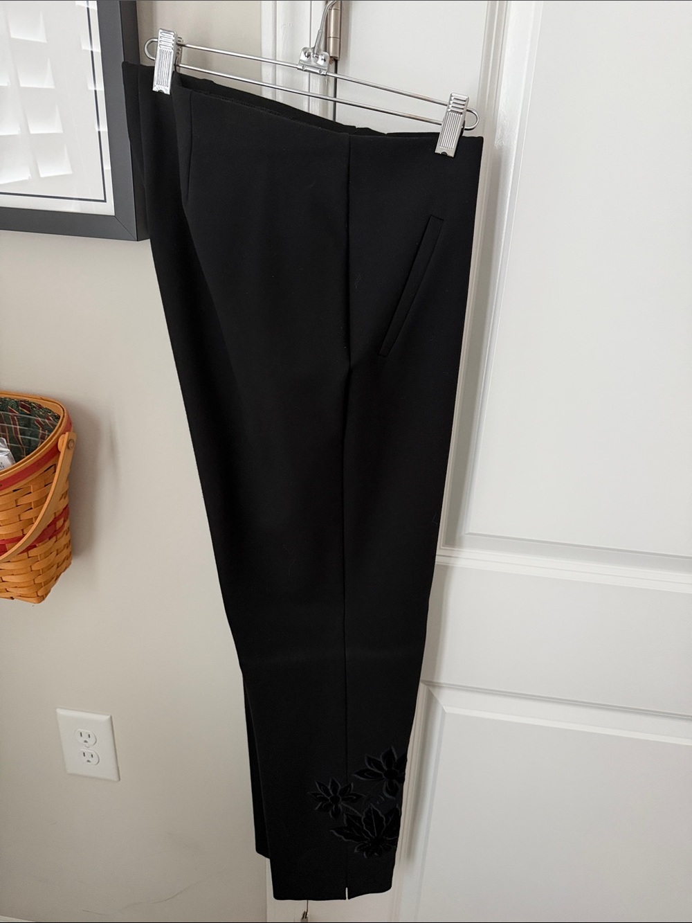 Chico's Black Ponte Pants with beautiful Embroidered Detail on both legs at hem